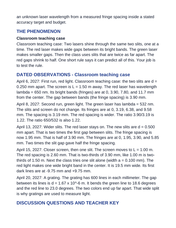 Wave Interference & Diffraction Scaffolded Phenomena-Based Lesson: Two Colors, One Bench: Fringes That Measure Wavelength Teacher Discussion Guide sample page