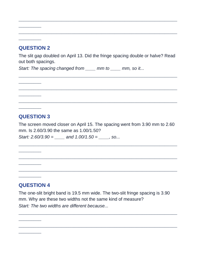 Wave Interference & Diffraction Scaffolded Phenomena-Based Lesson: Two Colors, One Bench: Fringes That Measure Wavelength Student Response Sheet sample page