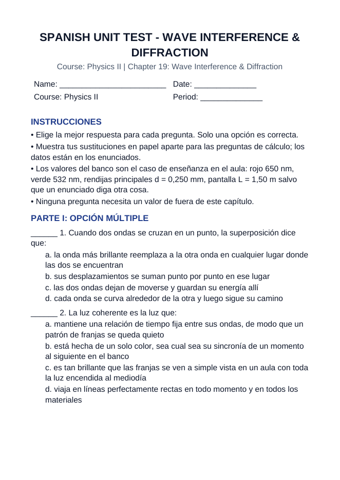 Wave Interference & Diffraction Spanish Unit Test sample page