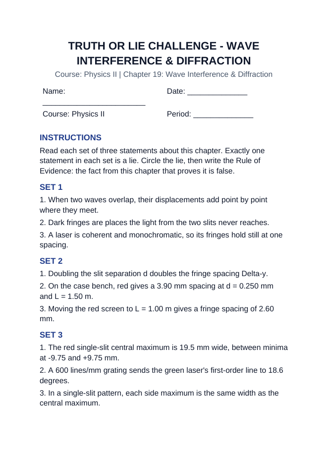 Wave Interference & Diffraction Truth or Lie Challenge sample page