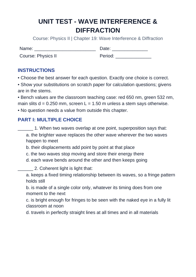 Wave Interference & Diffraction Unit Test sample page