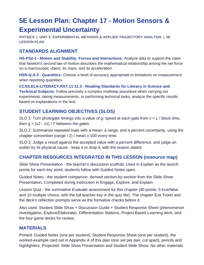 Motion Sensors & Experimental Uncertainty 5E Lesson Plan sample page