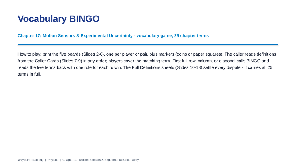 Motion Sensors & Experimental Uncertainty BINGO Review Game sample page
