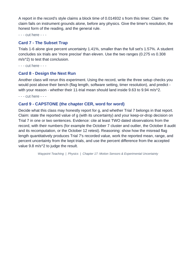 Motion Sensors & Experimental Uncertainty CER Task Cards sample page