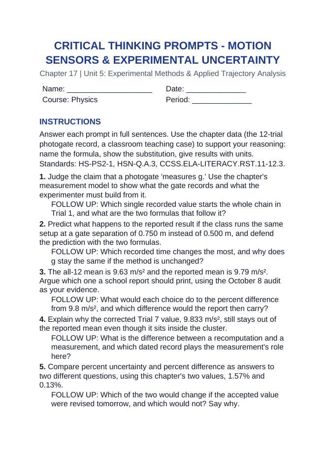 Motion Sensors & Experimental Uncertainty Critical Thinking Prompts sample page