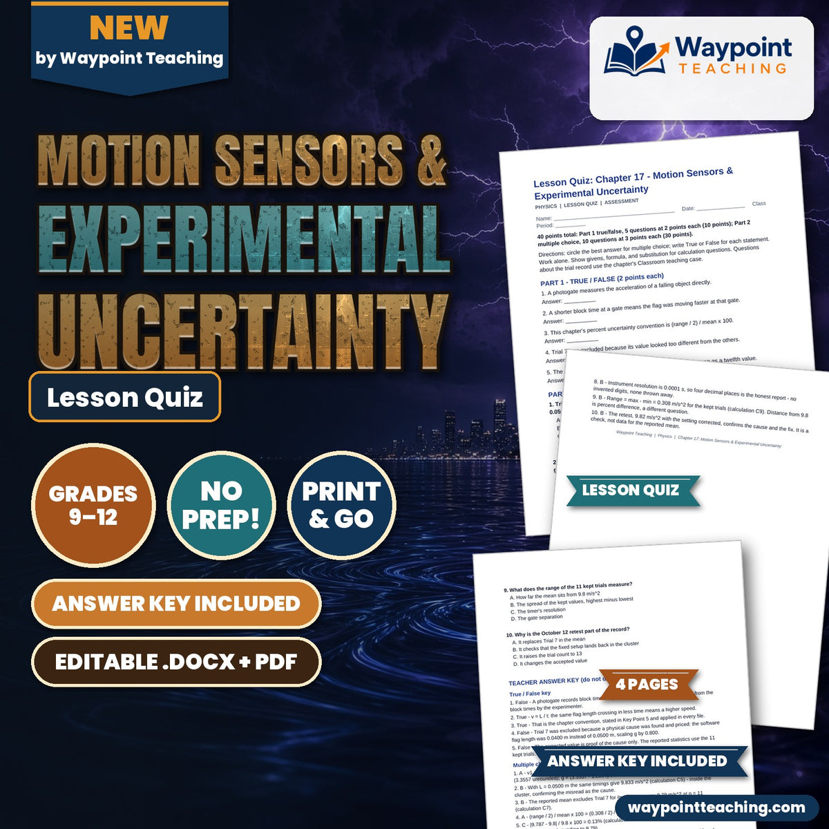 Motion Sensors & Experimental Uncertainty Lesson Quiz cover