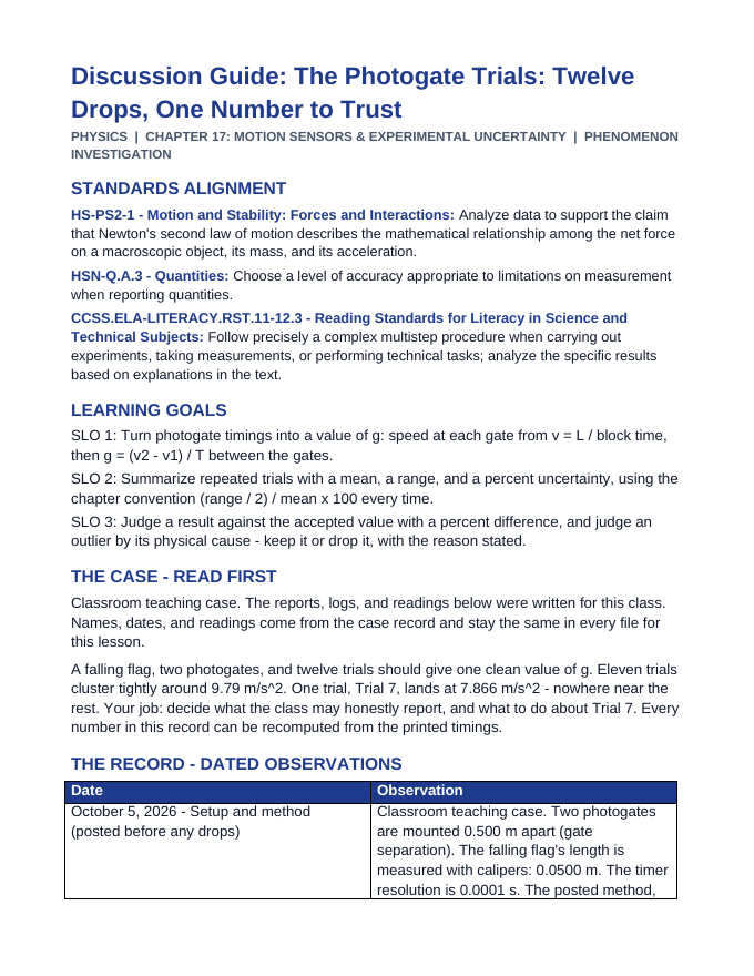 Motion Sensors & Experimental Uncertainty Phenomena-Based Lesson: The Photogate Trials: Twelve Drops, One Number to Trust Teacher Discussion Guide sample page