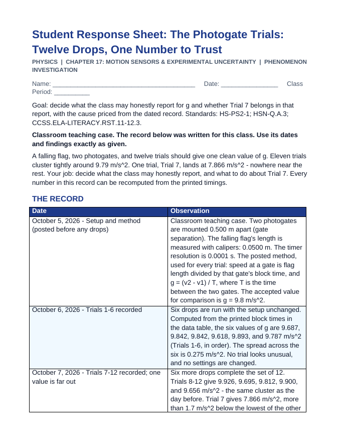 Motion Sensors & Experimental Uncertainty Phenomena-Based Lesson: The Photogate Trials: Twelve Drops, One Number to Trust Student Response Sheet sample page