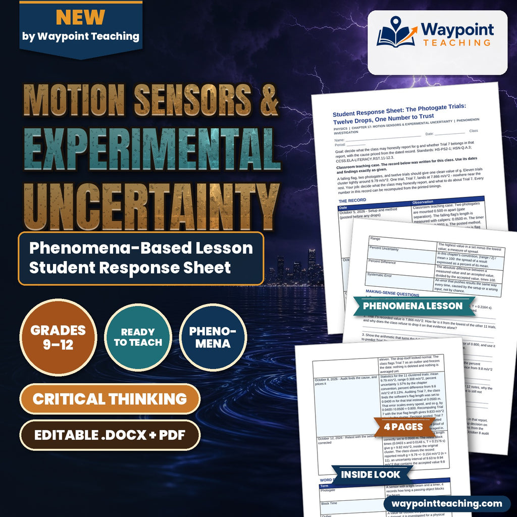Motion Sensors & Experimental Uncertainty Phenomena-Based Lesson: The Photogate Trials: Twelve Drops, One Number to Trust Student Response Sheet cover