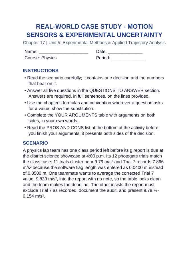 Motion Sensors & Experimental Uncertainty Real-World Case Study sample page