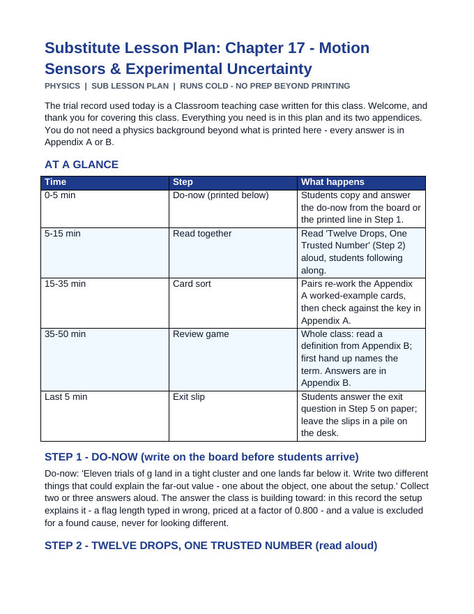 Motion Sensors & Experimental Uncertainty Substitute Lesson Plan sample page