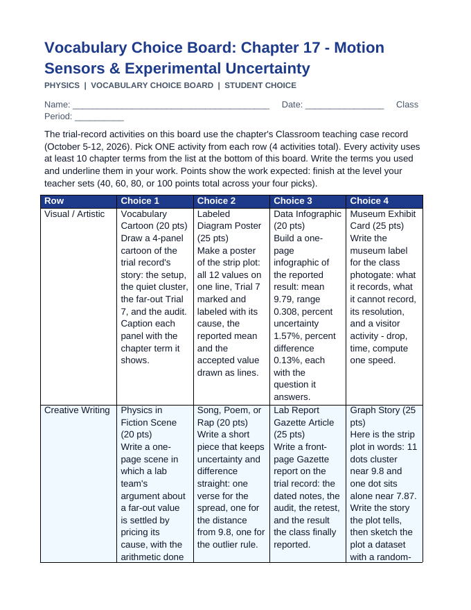 Motion Sensors & Experimental Uncertainty Vocabulary Choice Board sample page
