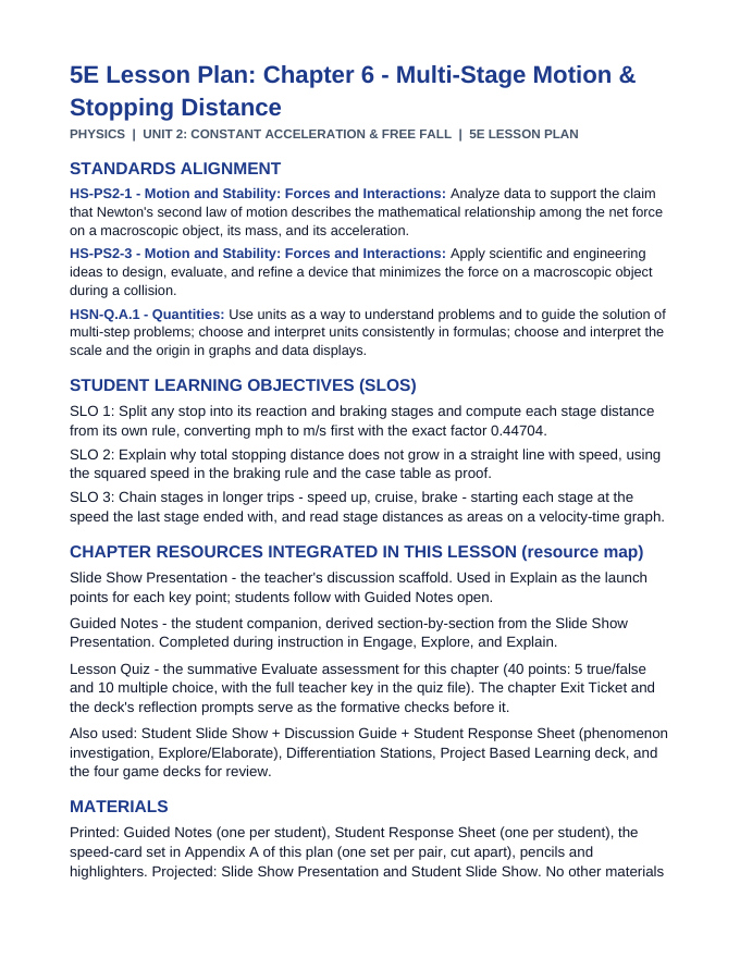 Multi-Stage Motion & Stopping Distance 5E Lesson Plan sample page