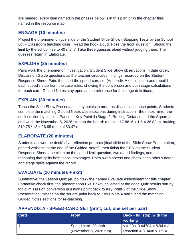 Multi-Stage Motion & Stopping Distance 5E Lesson Plan sample page