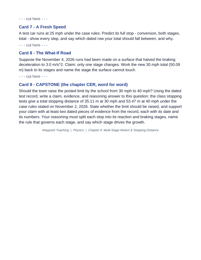 Multi-Stage Motion & Stopping Distance CER Task Cards sample page