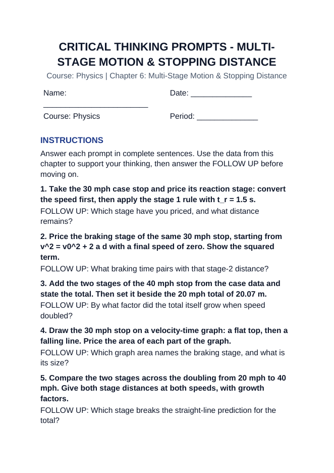 Multi-Stage Motion & Stopping Distance Critical Thinking Prompts sample page