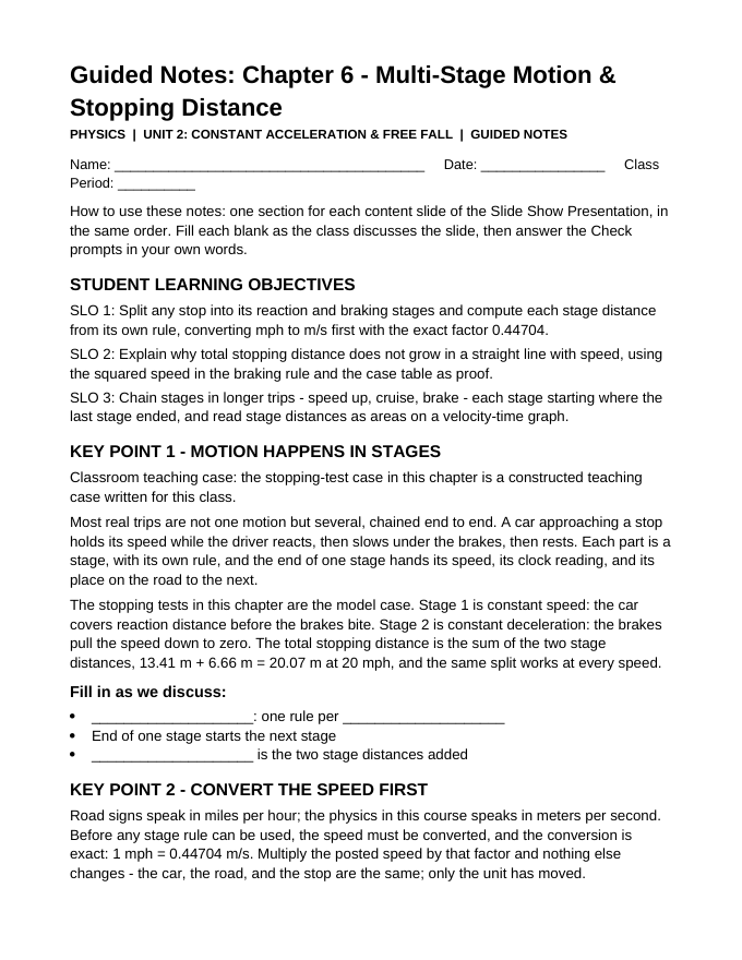 Multi-Stage Motion & Stopping Distance Guided Notes sample page