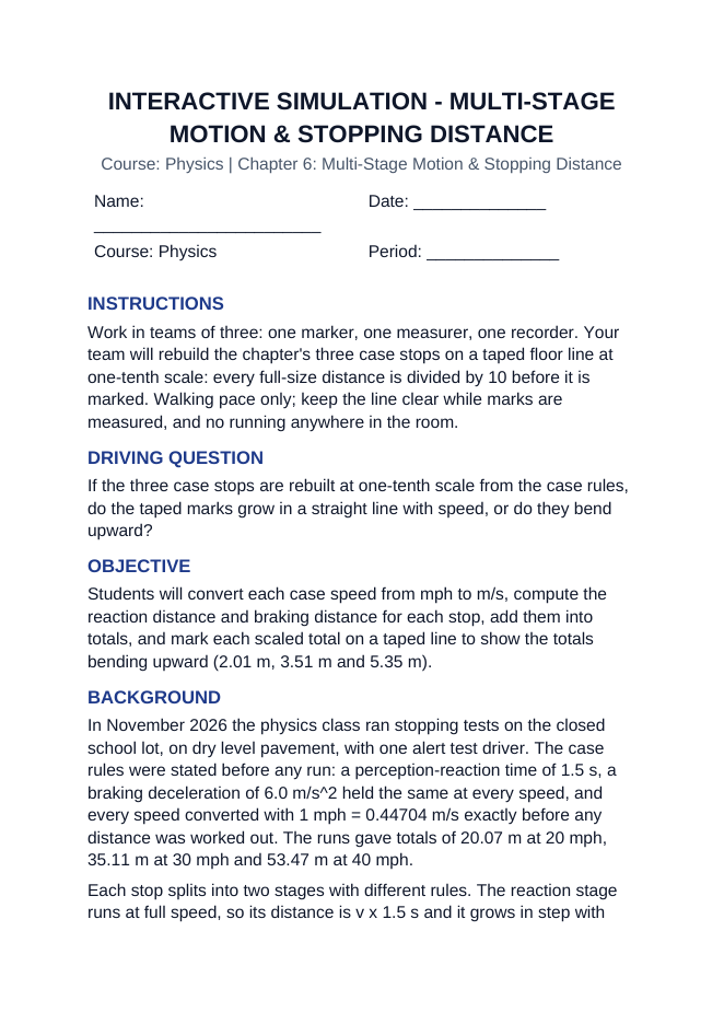 Multi-Stage Motion & Stopping Distance Interactive Simulation sample page