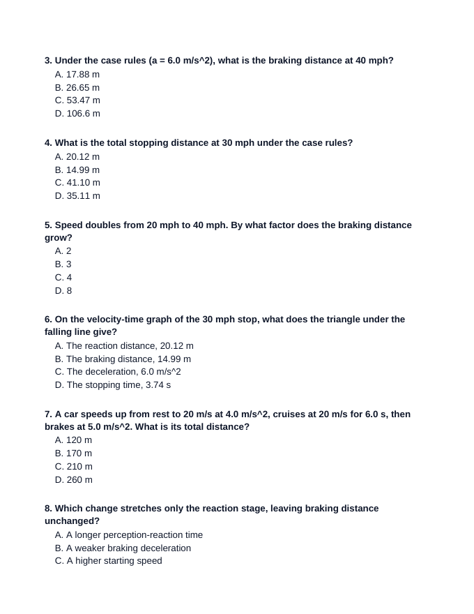 Multi-Stage Motion & Stopping Distance Lesson Quiz sample page