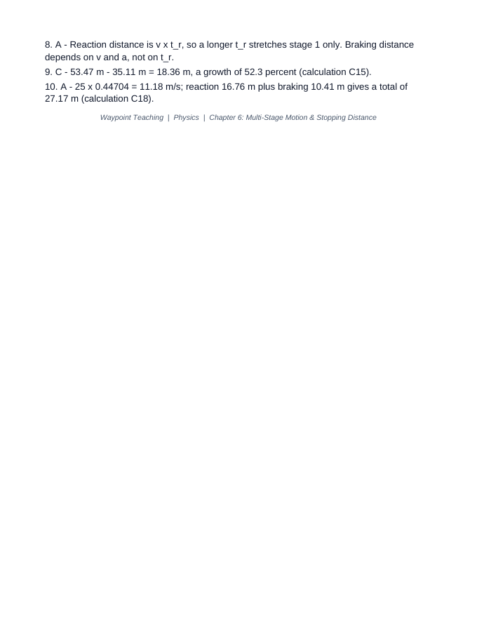 Multi-Stage Motion & Stopping Distance Lesson Quiz sample page