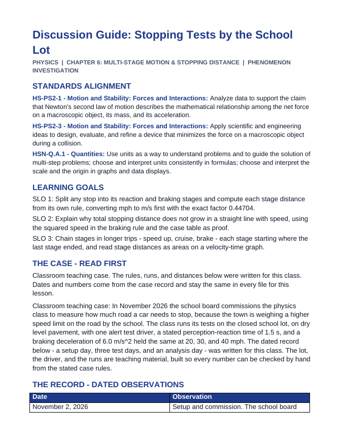 Multi-Stage Motion & Stopping Distance Phenomena-Based Lesson: Stopping Tests by the School Lot Teacher Discussion Guide sample page