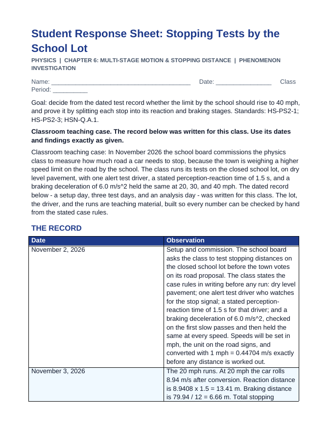 Multi-Stage Motion & Stopping Distance Phenomena-Based Lesson: Stopping Tests by the School Lot Student Response Sheet sample page