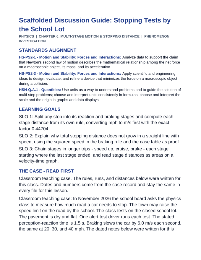 Multi-Stage Motion & Stopping Distance Scaffolded Phenomena-Based Lesson: Stopping Tests by the School Lot Teacher Discussion Guide sample page