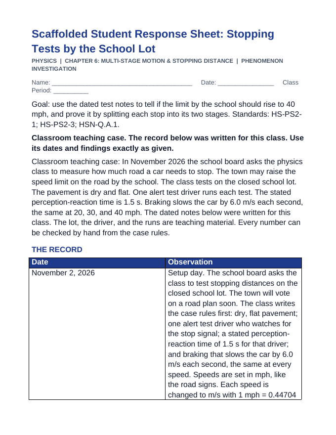 Multi-Stage Motion & Stopping Distance Scaffolded Phenomena-Based Lesson: Stopping Tests by the School Lot Student Response Sheet sample page