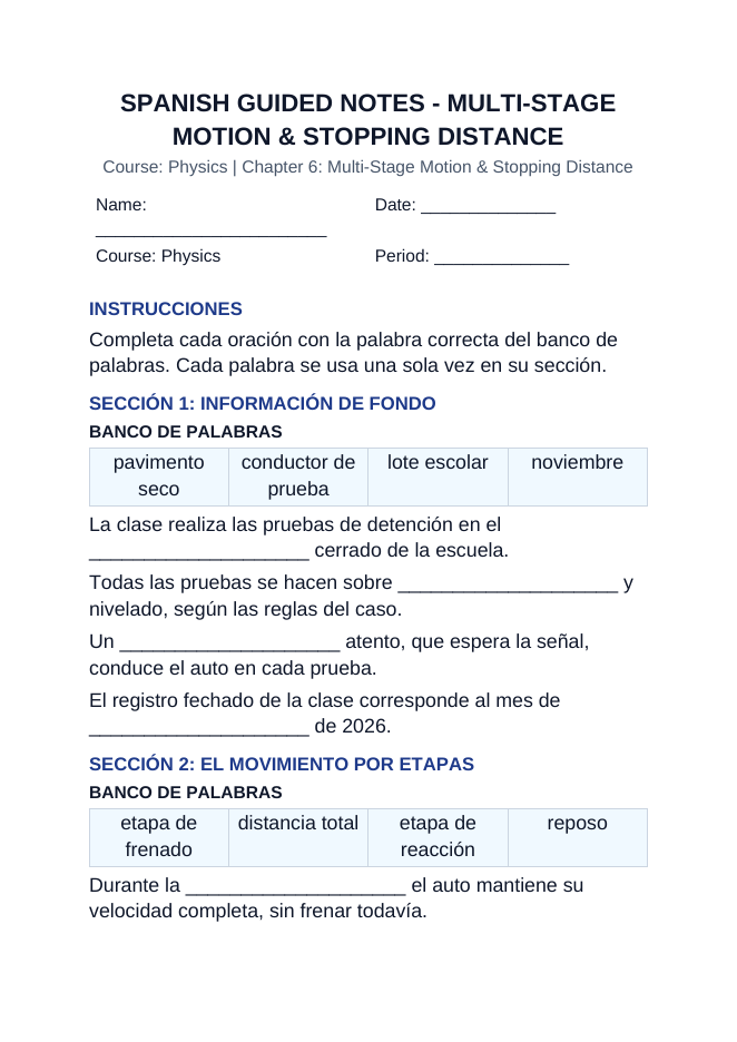 Multi-Stage Motion & Stopping Distance Spanish Guided Notes sample page