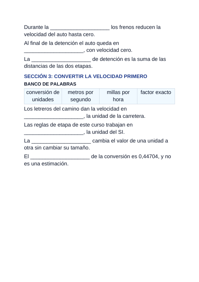 Multi-Stage Motion & Stopping Distance Spanish Guided Notes sample page