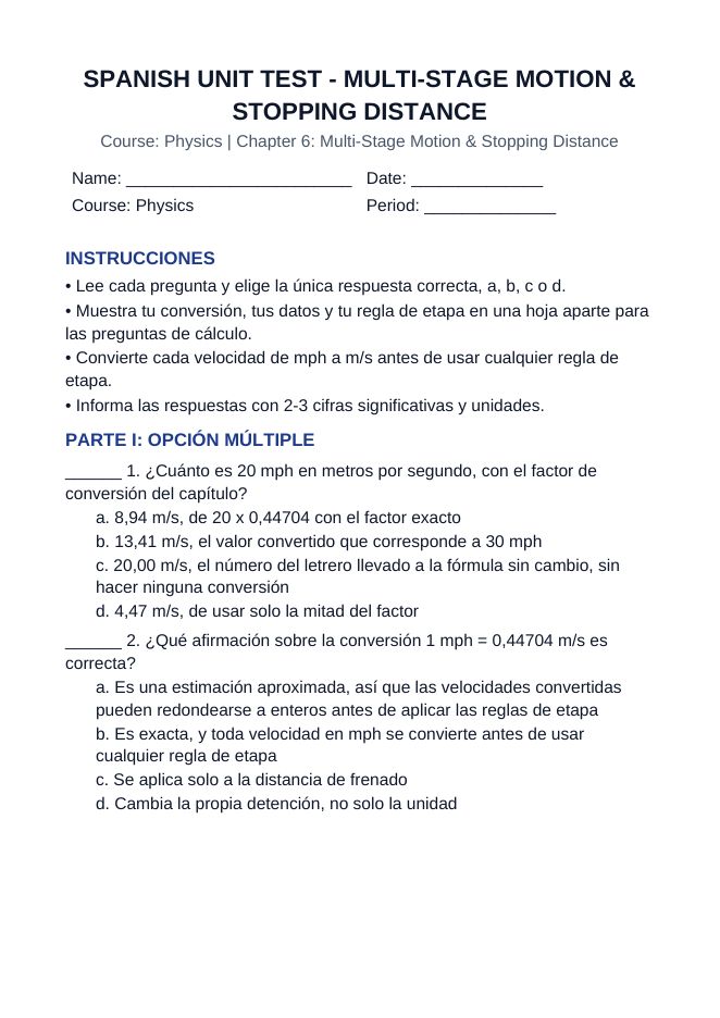 Multi-Stage Motion & Stopping Distance Spanish Unit Test sample page