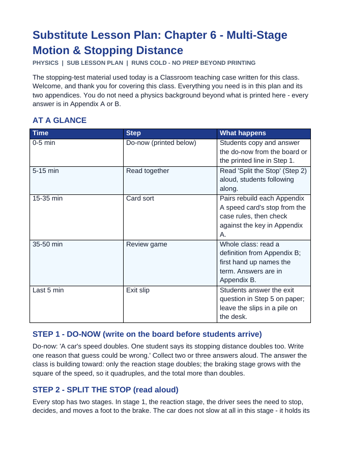 Multi-Stage Motion & Stopping Distance Substitute Lesson Plan sample page