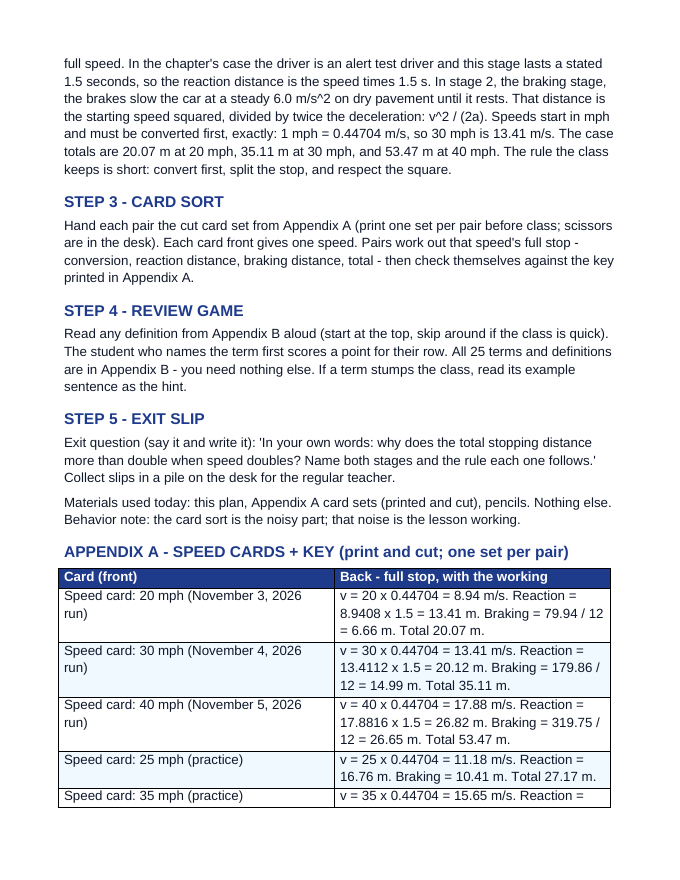 Multi-Stage Motion & Stopping Distance Substitute Lesson Plan sample page