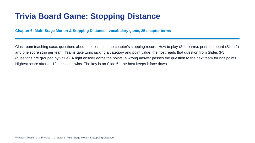 Multi-Stage Motion & Stopping Distance Trivia Board Game sample page