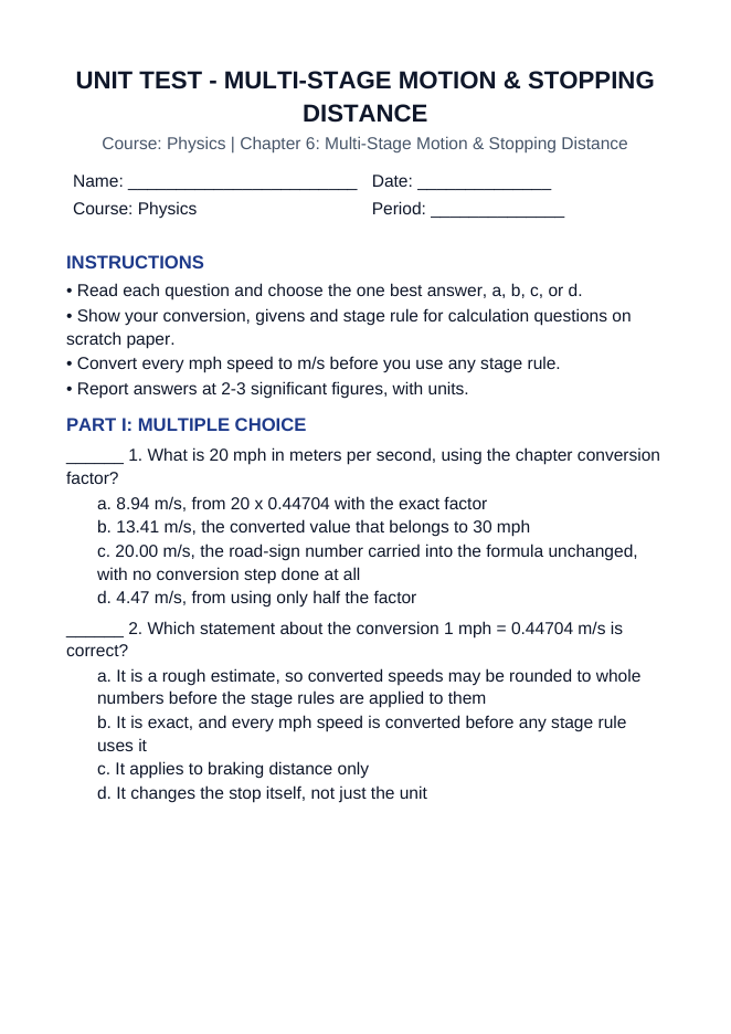 Multi-Stage Motion & Stopping Distance Unit Test sample page