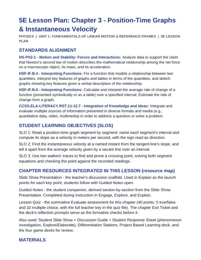 Position-Time Graphs & Instantaneous Velocity 5E Lesson Plan sample page