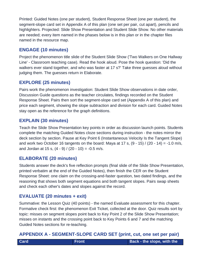 Position-Time Graphs & Instantaneous Velocity 5E Lesson Plan sample page