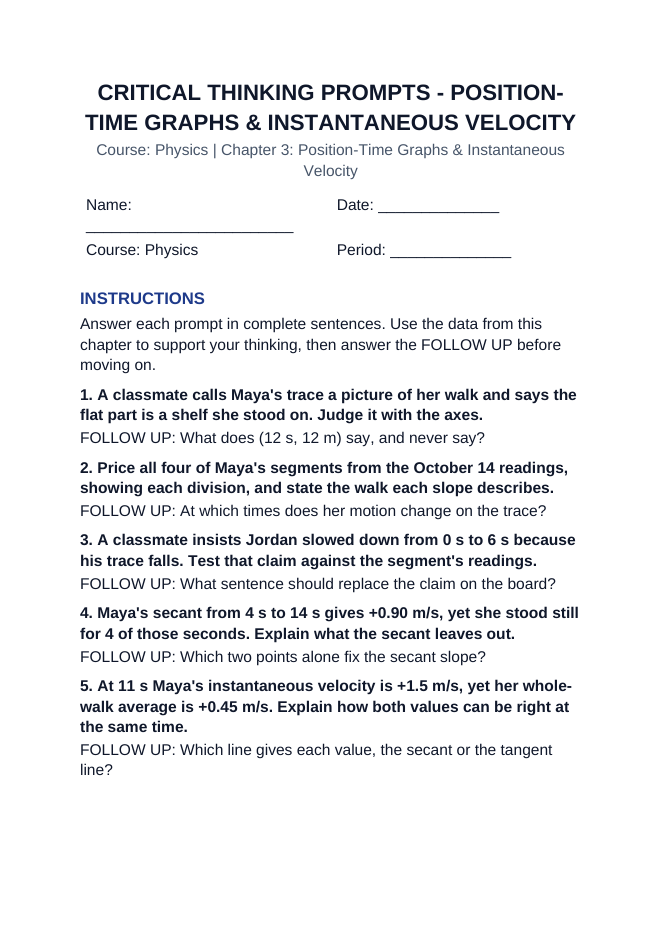 Position-Time Graphs & Instantaneous Velocity Critical Thinking Prompts sample page