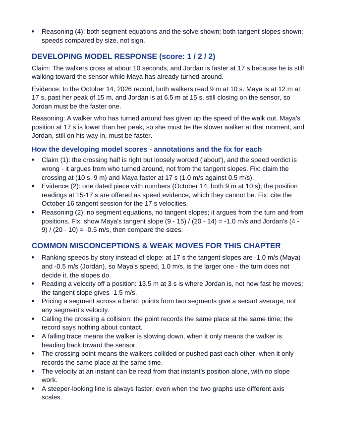 Position-Time Graphs & Instantaneous Velocity Model Response & Scoring Guide sample page