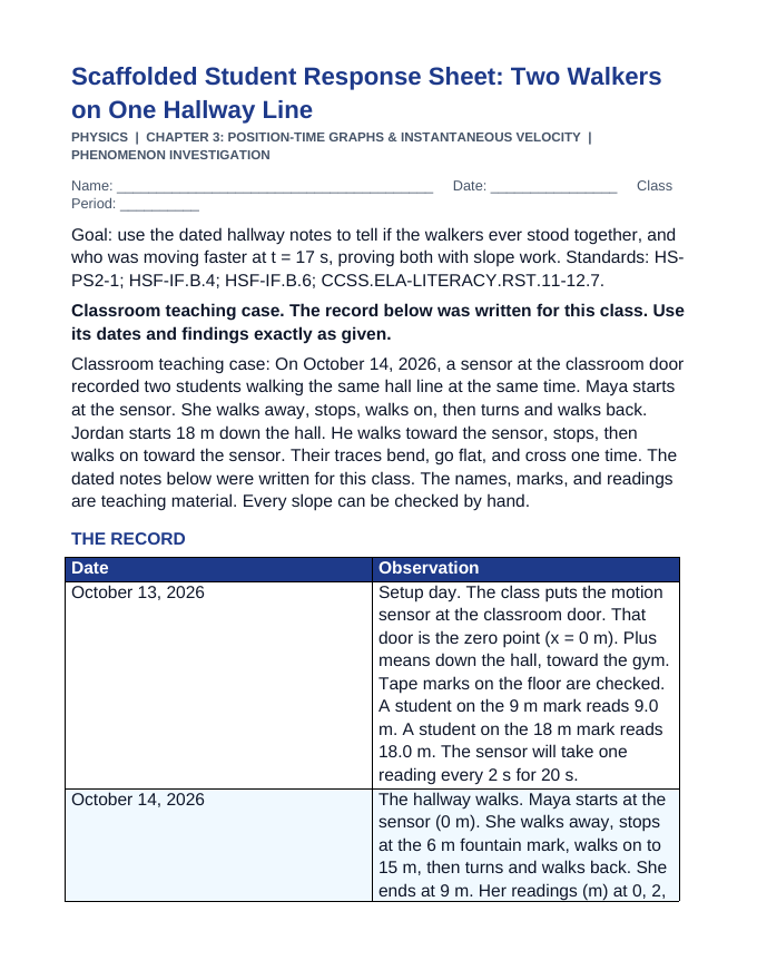 Position-Time Graphs & Instantaneous Velocity Scaffolded Phenomena-Based Lesson: Two Walkers on One Hallway Line Student Response Sheet sample page