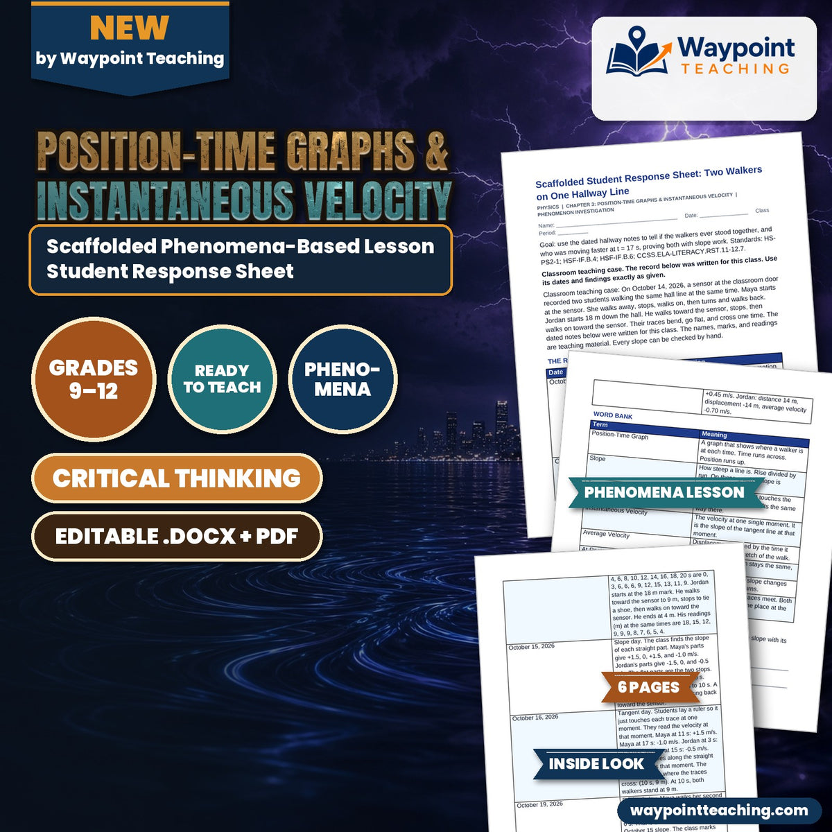 Position-Time Graphs & Instantaneous Velocity Scaffolded Phenomena-Based Lesson: Two Walkers on One Hallway Line Student Response Sheet cover