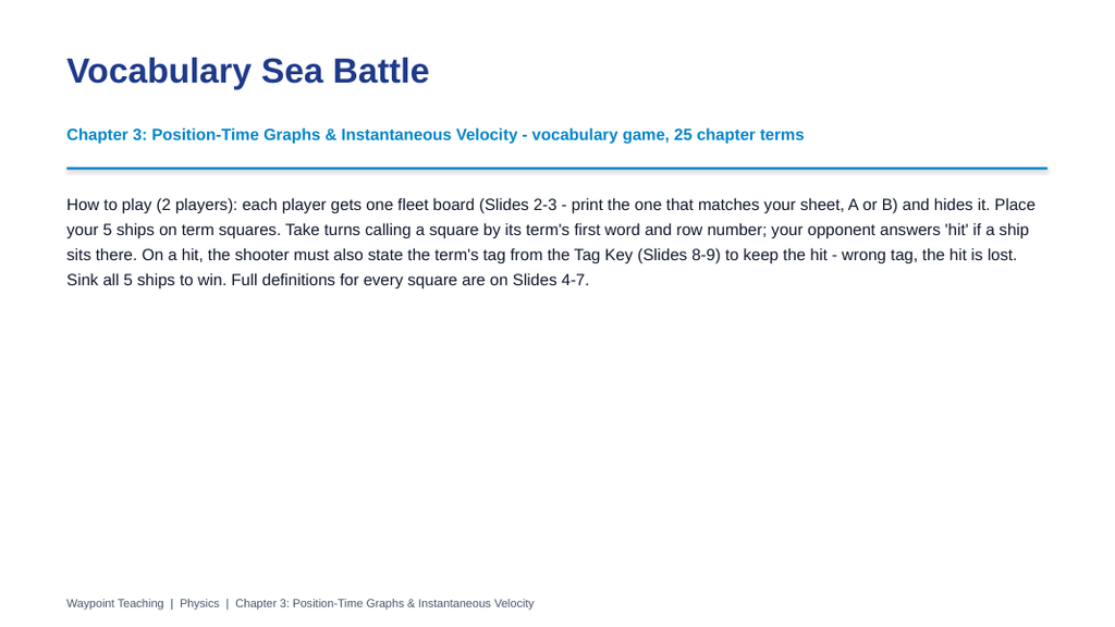 Position-Time Graphs & Instantaneous Velocity Sea Battle Review Game sample page