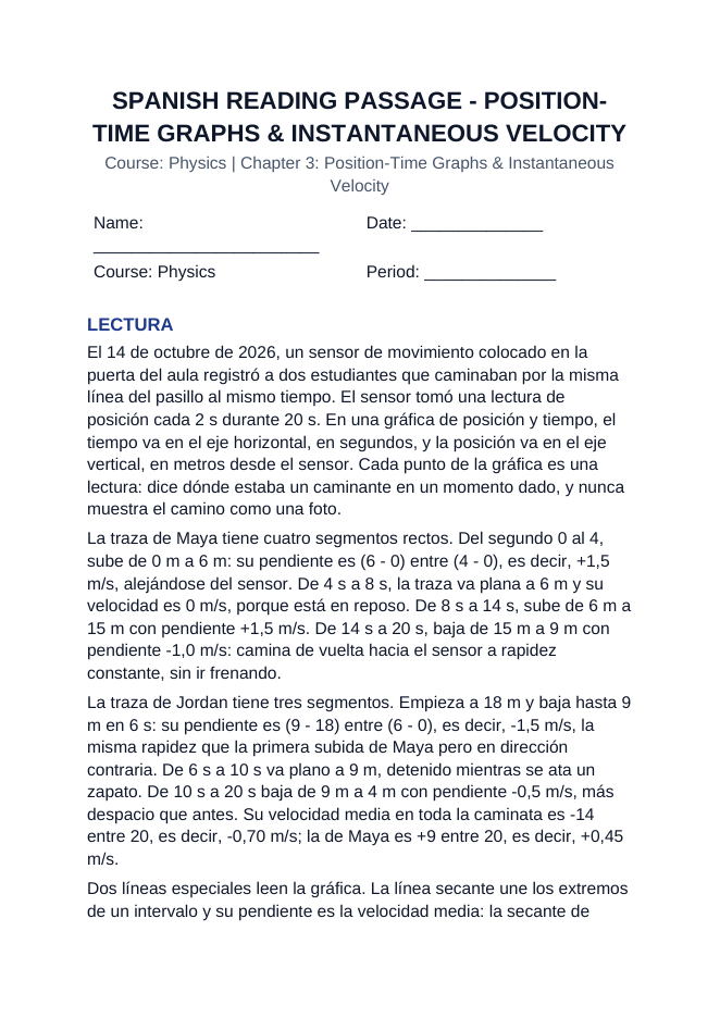 Position-Time Graphs & Instantaneous Velocity Spanish Reading Passage & Comprehension Questions sample page