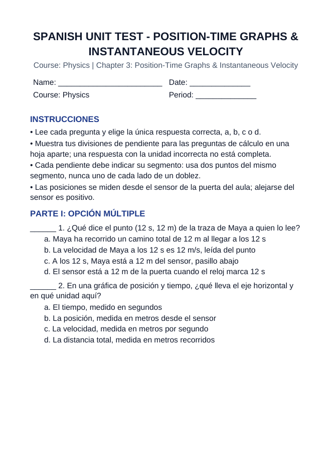Position-Time Graphs & Instantaneous Velocity Spanish Unit Test sample page
