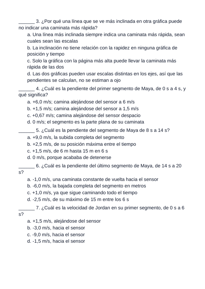 Position-Time Graphs & Instantaneous Velocity Spanish Unit Test sample page