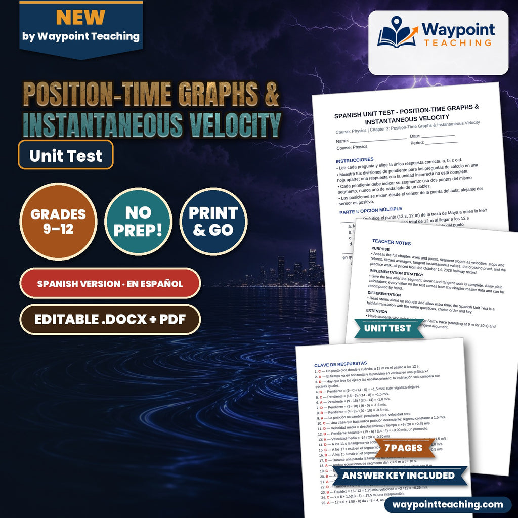 Position-Time Graphs & Instantaneous Velocity Spanish Unit Test cover