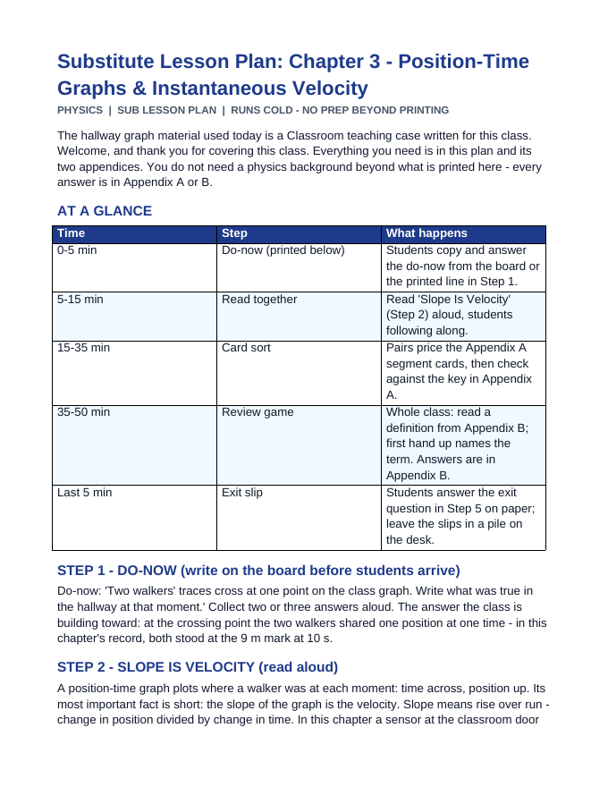 Position-Time Graphs & Instantaneous Velocity Substitute Lesson Plan sample page