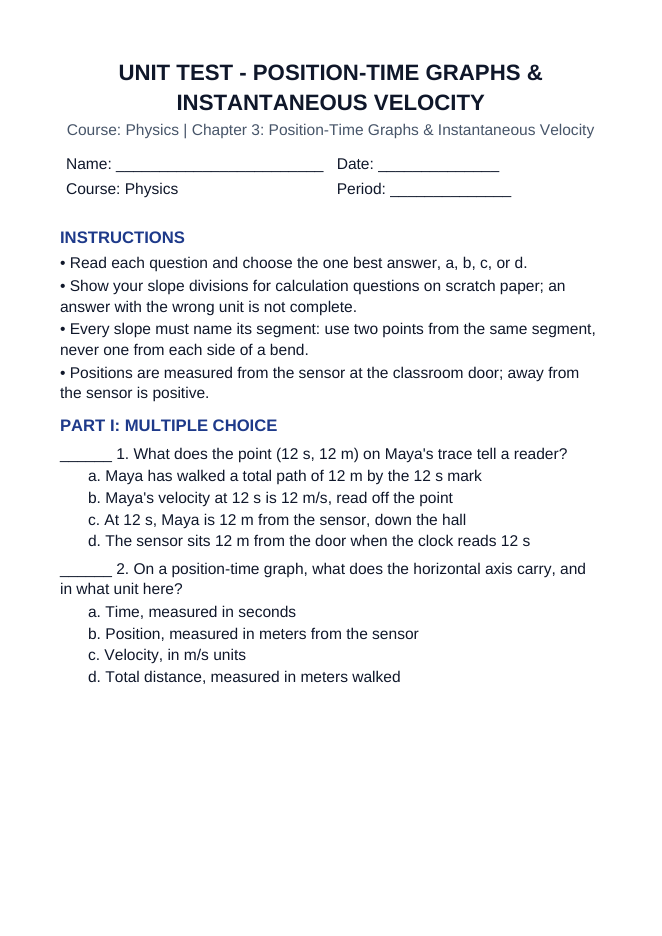 Position-Time Graphs & Instantaneous Velocity Unit Test sample page
