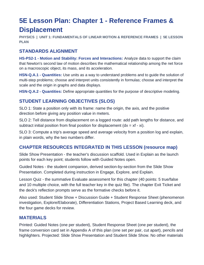 Reference Frames & Displacement 5E Lesson Plan sample page