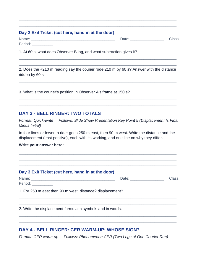 Reference Frames & Displacement Bell Ringers & Exit Tickets sample page